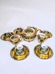 [Bán buôn, bán lẻ] BỘ ẤM TRÀ 15 MÓN VẼ VÀNG 24K MÀU XANH LỤC BẢO Sản xuất tại CH Séc (Tiệp Khắc)