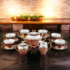 (Bán buôn, bán lẻ) BỘ ẤM TRÀ 15 MÓN VẼ VÀNG 24K Màu đỏ rượu Sản xuất tại CH Séc (Tiệp Khắc)