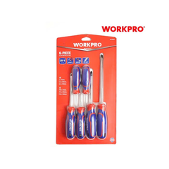 Bộ Tua vít 6 cái gồm ( 3 cái đầu hình hoa khế, 3 cái đầu dẹt), thép hợp kim CR-V  Workpro WP200504