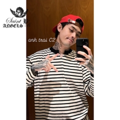 Áo Thun Dài Tay Vải Knit Kẻ Sọc Cổ Chữ V