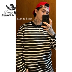 Áo Thun Dài Tay Vải Knit Kẻ Sọc Cổ Tròn