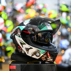 Mũ Fullface ROC R11 Pro Đen Bóng + Dán Tem Decal BMW HP4 Xanh Ngọc FREESHIP