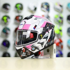 Mũ Fullface EGO E81 Trắng Bóng + Dán Tem Decal BMW HP4 Trắng Hồng FREESHIP