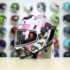 Mũ Fullface EGO E81 Trắng Bóng + Tem  BMW Trắng Hồng FREESHIP