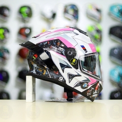 Mũ Fullface EGO E81 Trắng Bóng + Tem  BMW Trắng Hồng FREESHIP