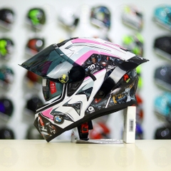 Mũ Fullface EGO E81 Trắng Bóng + Tem  BMW Trắng Hồng FREESHIP