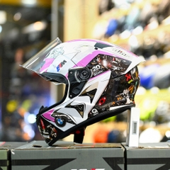 Mũ Fullface KYT TT Course Trắng Bóng Dán Tem BMW Trắng Hồng Freeship