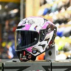 Mũ Fullface KYT TT Course Trắng Bóng Dán Tem BMW Trắng Hồng Freeship