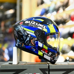 Mũ Fullface KYT TT Course Đen Bóng Dán Tem Suzuki GSX xanh