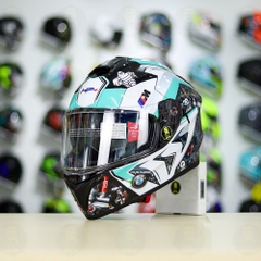 Mũ EGO E81 Đen Bóng + Dán Tem Decal BMW HP4 Trắng Xanh Ngọc FREESHIP