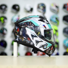 Mũ EGO E81 Đen Bóng + Dán Tem Decal BMW HP4 Trắng Xanh Ngọc FREESHIP