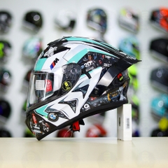 Full Combo Mũ EGO E81 Tem Decal BMW HP4 Trắng Xanh Ngọc FREESHIP