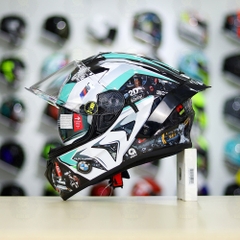 Full Combo Mũ EGO E81 Tem Decal BMW HP4 Trắng Xanh Ngọc FREESHIP