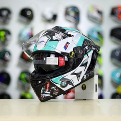 Full Combo Mũ EGO E81 Tem Decal BMW HP4 Trắng Xanh Ngọc FREESHIP