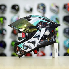 Full Combo Mũ EGO E81 Tem Decal BMW HP4 Trắng Xanh Ngọc FREESHIP