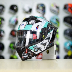 Full Combo Mũ EGO E81 Tem Decal BMW HP4 Trắng Xanh Ngọc FREESHIP
