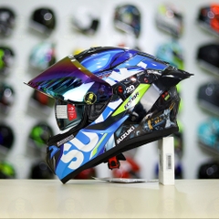 Full Combo Mũ EGO E81 Tem Decal SUZUKI ECSTAR Xanh Trắng Vàng FREESHIP