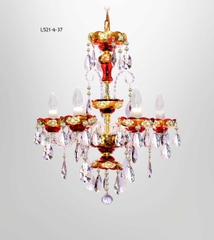 Đèn Chùm Thủy Tinh Màu Đỏ, Mạ Vàng Đắp Nổi 6 Bóng L521