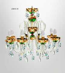 ĐÈN CHÙM THUỶ TINH MÀU MÀU XANH LÁ, MẠ VÀNG ĐẮP NỔI HOA CỔ ĐIỂN 8 BÓNG L500 -140CM