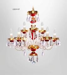 Đèn Chùm Thủy Tinh Màu Đỏ, Mạ Vàng Đắp Nổi Hoa 9 Bóng L523