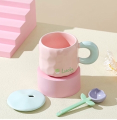 Ly Cốc Sứ Hình Hoa Daisy màu Pastel Dễ Thương 450ml - Kèm muỗng và nắp