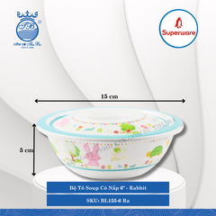 Bộ Tô Soup Có Nắp 6" Hoa Văn Trẻ Em Rabbit Ø: 15cm 400ml Cao: 5cm Superware Nhựa BL155-6 Ra