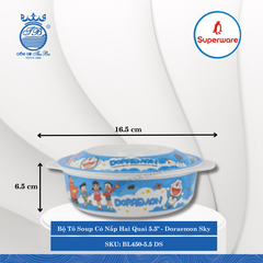 Bộ Tô Soup Có Nắp Hai Quai 5.5" Hoa Văn Trẻ Em Doraemon Sky Ø: 16.5cm 440ml Cao: 6.5cm Superware Nhựa BL450-5.5 DS