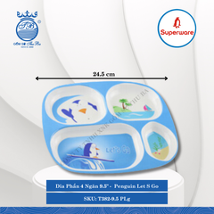 Dĩa Phần 4 Ngăn 9.5" Hoa Văn Trẻ Em Penguin Let S Go Dài: 24.5cm Rộng: 22cm Cao: 2cm Superware Nhựa T382-9.5 PLg