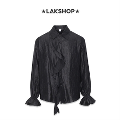 Áo Black RuffledTextured Satin Shirt