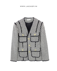 Áo V- Neck Sriped Border Tweed Jacket cx5