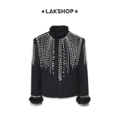 Áo Black with Pearl mix Neck Flower Jacket