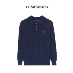Áo R.L Navy Cable-Knit Long-Sleeve Polo Sweater
