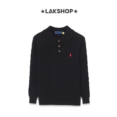 Áo R.L Black Cable-Knit Long-Sleeve Polo Sweater