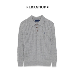 Áo R.L Grey Cable-Knit Long-Sleeve Polo Sweater