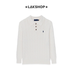 Áo R.L White Cable-Knit Long-Sleeve Polo Sweater