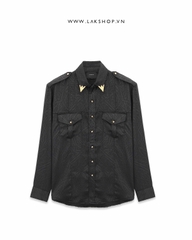 Áo Lak Studios Black Embossed Pattern with Metal Tip Colar Shirts cx3