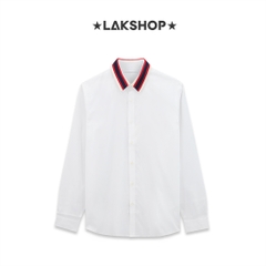 Áo White Ribbed Long Sleeve Collar Shirt