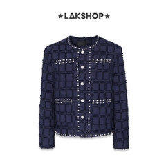 Áo Navy with Pearl Crystal Trim Tweed Jacket