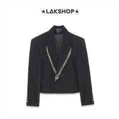 Áo Bling Black Fringe Trim Crop Blazer Jacket