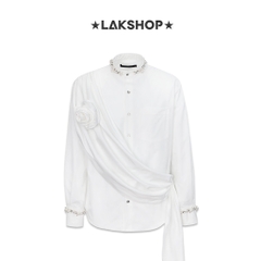 Áo White Layer Flower with Pearl Mandarin Shirt
