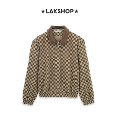 Áo Brown Checkerboard with Velvet Neck Jacket