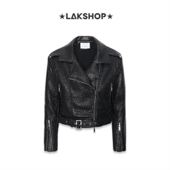 Áo Shiny Black Mid-Crop Leather Moto Biker Jacket