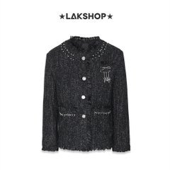 Áo Black Grey Smoke Fringe with Pearl Tweed Jacket
