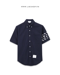 T.B Navy Animal Embroidery Oxford Short Sleeve Shirt