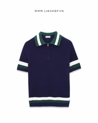 Navy Stripe Neck Knit Polo