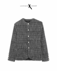 Áo Lak Studios Black Glitter Check Collarless Tweed Jacket cx3
