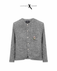 Áo Lak Studios Flower Pin with Check Collarless Tweed Jacket cx3