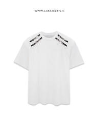 Áo Oversized White Buckle Neck Shoulder Padding T-shirt   cs3