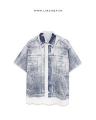 Oversized White Print Fake Denim Short-Sleeve Shirt