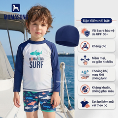 Bộ bơi bé trai chống nắng dài tay dáng rời màu trắng hình cá SURF vải Kháng Clo UPF50++ Momasong